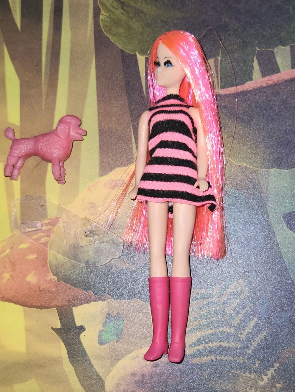 OOAK Dawn & her Friends DAWN Doll Reroot w/Pink/Black Dress Boots Poodle Stand
